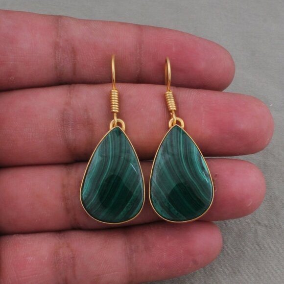 14k Gold Plated Malachite Earrings: Pear Gemstone Dangle Earrings - Picture 1 of 9